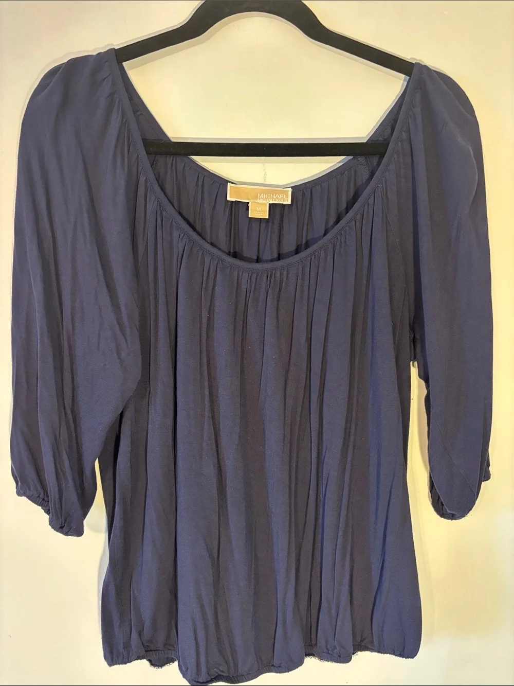 Michael Kors Navy Gathered Scoop-Neck Blouse